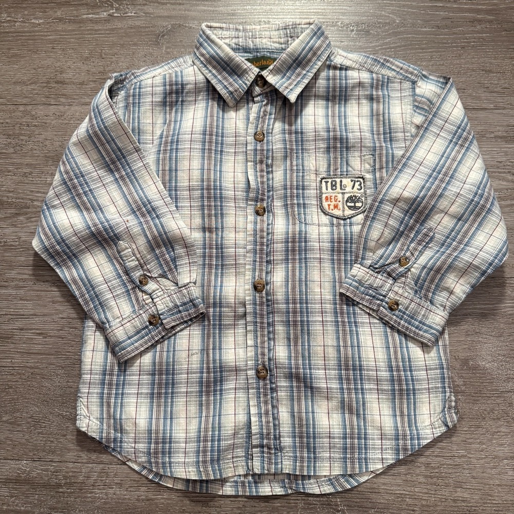 Timberland Shirt Boys 3T Blue Plaid Long Sleeve Button‎ UP Cotton Outdoor Hike